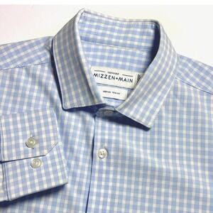 Mizzen+Main Trim Fit Dress Shirt Leeward Men's M Blue Gingham Check Stretch